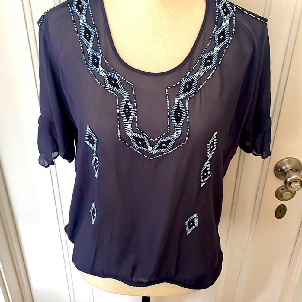 WHAT GOES AROUND COMES AROUND Bohemian Sheer Navy Seed Beaded Blouse Size Medium